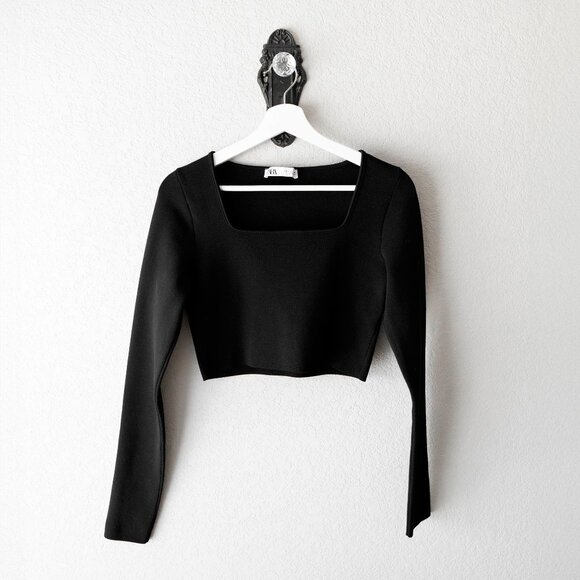 Zara Crop Top Sz Large Black Square Neck Long Sleeve Stretchy Minimalist Chic - Picture 1 of 5